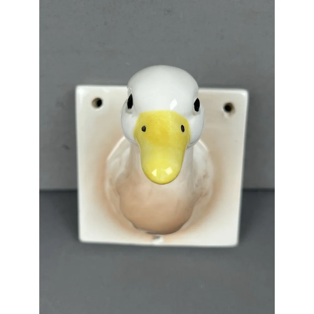 Vintage Ceramic Apron Towel Hook Holder Lot 2 Piece Chicken Duck Head & Hardware